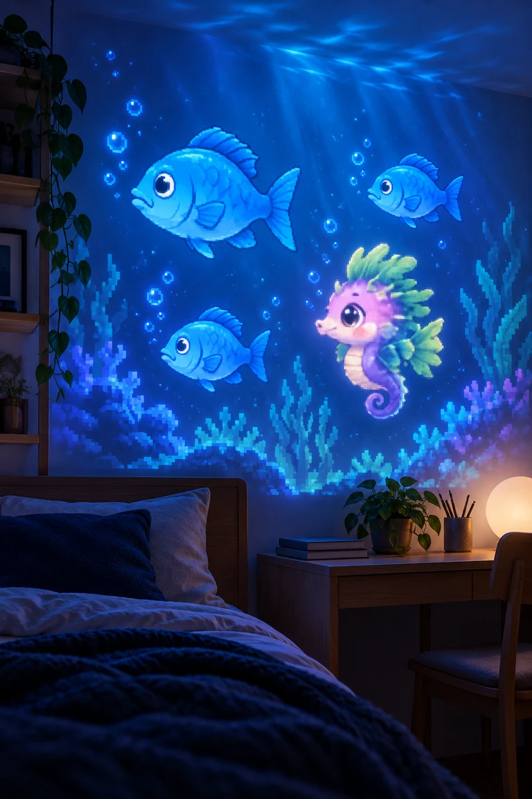 Peixes azuis e um cavalo-marinho da experiência Aquário de Peixes projetados na parede de um quarto