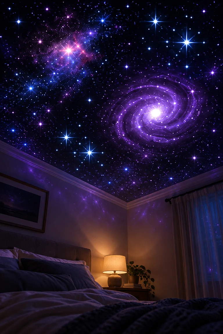Estrelas, nebulosa e galáxia de Céu Noturno iluminando o teto de um quarto