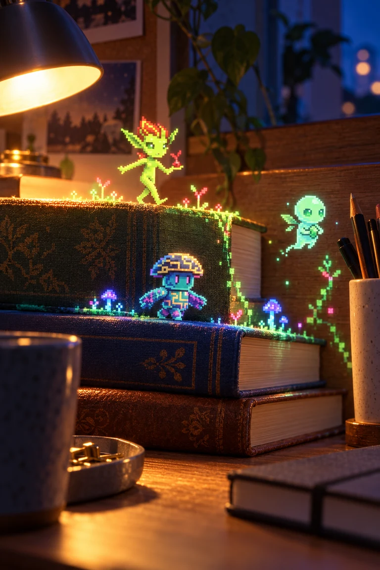 Plantela, Guconstro e Esmel do Micromundo Golus nas bordas de livros e objetos sobre uma mesa de quarto