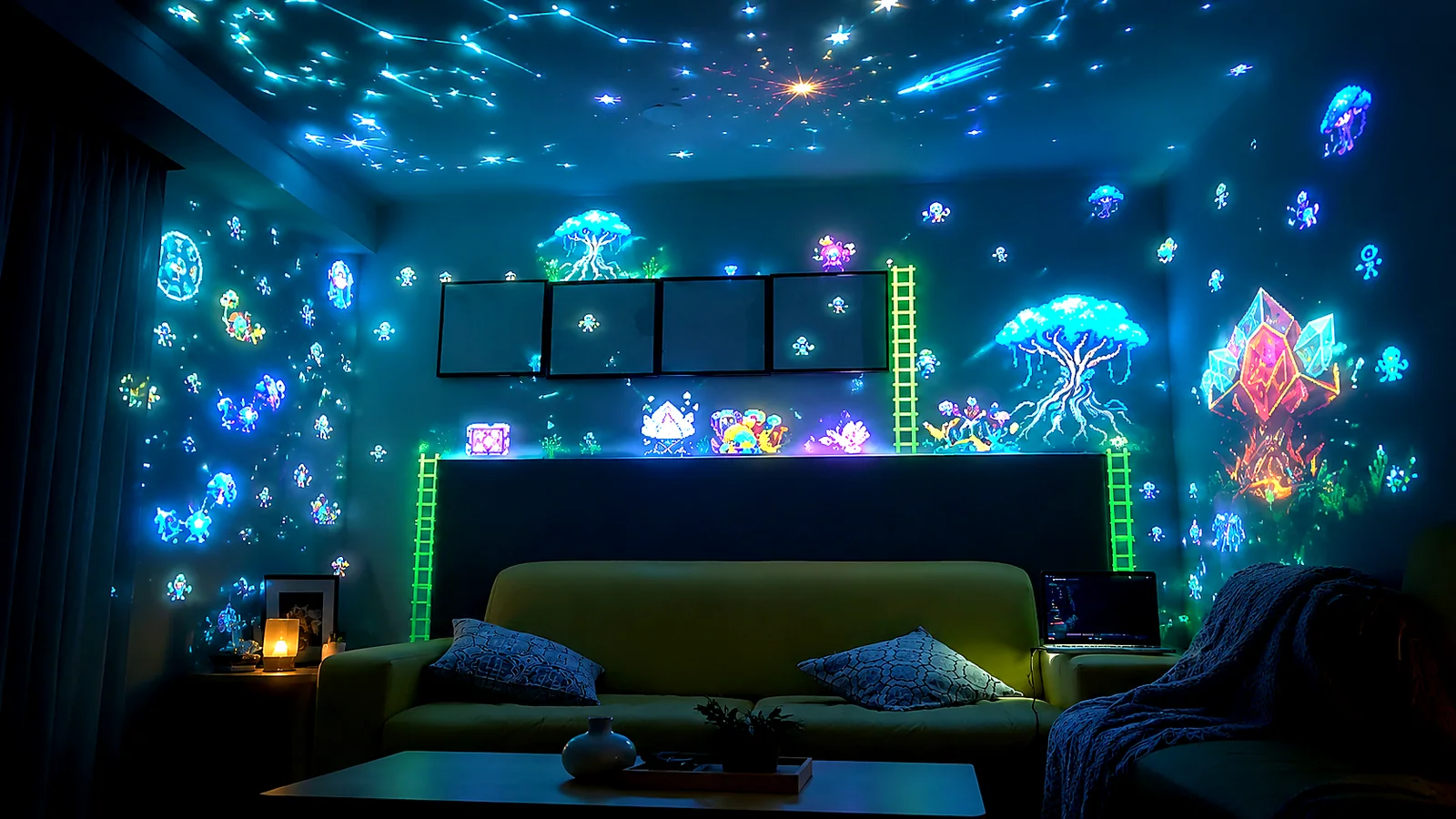 Quarto gamer iluminado por projeção interativa nas paredes e móveis com o ProjeVerse